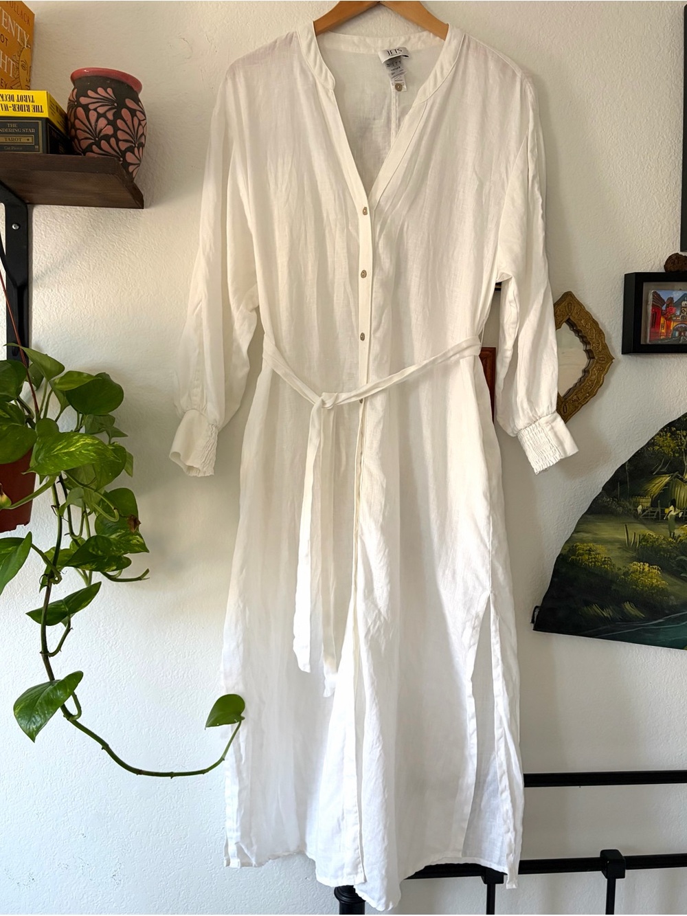 Linen Lightweight JETS Australia Jetset Shirred Cuff Shirt Dress White Small